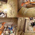 Oben links sieht man eine Hieroglyphe. Eine Illustration mit Tieren in Abenteurerkleidung in einer ägyptischen Umgebung.