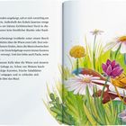 Text erzählt von einem Eichhörnchenjungen namens Kalle, der über eine Wiese zum Streichelgehege eilt. Illustration zeigt Kalle fröhlich zwischen bunten Blumen.