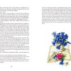 Texte über Gespräche über Mr. Willoughby und Sir John. Rechts eine Illustration eines Blumenstraußes mit blauen und rosa Blüten.