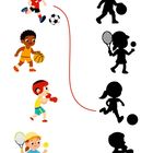 Illustration: Kinder in Sportbekleidung spielen Fußball, Basketball, Tennis und boxen. Pfeile verbinden passende Silhouetten.