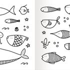 Schwarz-weiße Illustration von Fischen, Seesternen, Qualle, Krabbe und Seepferdchen mit verspieltem Design.
