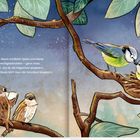 Ein illustriertes Bild mit Spatzen und Meisen, die Gutenachtgeschichten erzählen. Blätter und ein Nest sind auf Ästen zu sehen.