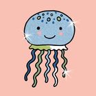 Illustration einer süßen Qualle mit lächelndem Gesicht, blauer Kappe und bunten Tentakeln vor rosa Hintergrund.