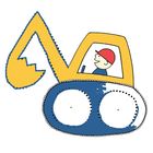 Illustration eines Baggers mit gelbem Arm, blauem Kettenlaufwerk. Ein lächelnder Fahrer mit roter Mütze sitzt drin.