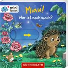 "Miau! Wer ist noch wach?" steht vor einem nächtlichen Garten mit Igel, Maus, Rosen und Insekten.
