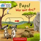 Aufschrift: "Pups! Wer war das?". Illustration: Zwei Erdmännchen, Elefantenbein, Vogel. Landschaft mit Bäumen. Logo: Blaues Elefant.