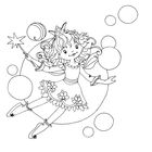 Illustration einer fröhlichen Fee mit Zauberstab, umgeben von schwebenden Kugeln und Blütenmustern auf ihrem Kleid.