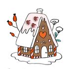 Illustration: Lebkuchenhaus mit Herz, Zuckerstangen, Sternen und Keksdekor. Schneebedeckt und mit Hagebuttenzweig.