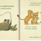 Links: "Ich kann mich leise anpirschen"; rechts: "Ich kann richtig schnell rennen." Illustration von spielenden Löwenjungen.
