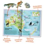 Texte: "Australien und Ozeanien", "Wissenswertes über den jeweiligen Kontinent", "Spannende Fakten zu jedem Tier", "Eine kleine Weltkarte für die Orientierung", "Hellgraue Flächen erleichtern das korrekte Einkleben." Ein aufgeschlagenes Buch zeigt eine Karte von Australien mit Tieren.