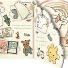 Texte: "Das hier sind meine Lieblingsspielsachen.", "Piep!", "Hast du Lust, mit mir Verstecken zu spielen?". Illustrationen: Spielzeug, Kissen, Buch.