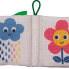 Ein Stoffbuch: Links ist eine blaue Wolke mit Regentropfen, rechts eine fröhliche Blume mit Gesicht.