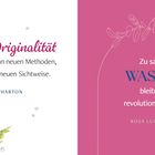 Links: Zitat von Edith Wharton über Originalität; Schmetterling auf Blumen. Rechts: Rosa Luxemburg-Zitat; florale Linie.