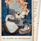 Text: "DIE LEGENDE DES WECHSELBALGS". Eine Illustration zeigt eine Frau und schwebende Figuren mit Flügeln um ein Baby.