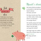 Links steht: "Ich wünsche dir..." mit einem rosa Schweinchen und Kleeblatt. Rechts: "Mach's ebenso!" mit grünen Kleeblättern.