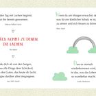 Zitate von Cicero, Japan, Aurelius, 1001 Nacht, Dickinson. Illustrationen: lächelndes Schwein und grüne Wolken mit Regenbogen.