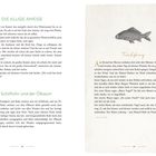 "Die kluge Ameise", "Das Schilfrohr und der Ölbaum" und "Fischfang". Illustration eines Fisches. Links unten Pflanzen.