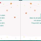 Zwei Gedichte in grünem Text auf rosa Hintergrund, umgeben von bunten Sternen und Blättern.