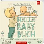 "HALLÖ BABY BUCH" — Ein Kind lächelt ein Baby an. Daneben ein Fläschchen und ein Plüschtier. 18+ Monate.