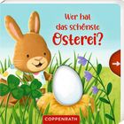 Text: "Wer hat das schönste Osterei?" Ein fröhlicher Hase mit buntem Hemd steht im Gras neben einem großen Ei.
