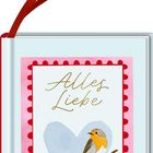 Text: „Alles Liebe“, „COPPENRATH“. Illustration: Rotkehlchen auf Ast vor einem blauen Herz. Rotes Band als Dekoration.