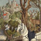 Ein Jäger mit einem weißen Pferd, ein Hirsch mit einem Kreuz im Geweih, Burg im Hintergrund, waldreiche Umgebung.