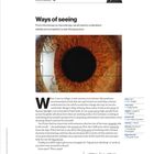 "Ways of seeing" und Untertitel über Verständnis von Details. Farbige Nahaufnahme eines Auges mit Puzzlemuster.