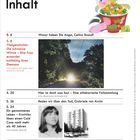 Inhalt: Artikelübersicht mit Titelthemen, Bildern (Landschaft, Frau, Gebäude) und einer Illustration eines Mannes mit Essen.