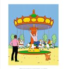 Text: "Wer erwachsen wird, lernt vor allem, sich anzupassen und Rücksicht zu nehmen." Illustration: Karussell, Mann hängt am Dach.