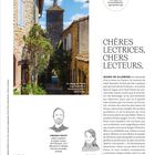 **Texte:** "WAS MEINEN SIE? Schreiben Sie uns gerne: ecoute@zeit-sprachen.de," "CHÈRES LECTRICES, CHERS LECTEURS," "Le village de Penne vous souhaite la bienvenue dans le Sud-Ouest!"

Ein schmaler, malerischer Gassenabschnitt führt zu einem alten Steinturm mit rotem Ziegeldach und blauen Fensterläden. Zwei Porträtillustrationen von Vincent Picot und Pauline, jeweils mit kurzen Beschreibungen.