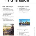 Texte:  
"In this issue."  
Rechte Seite: "Society and politics."  
Linke Seite: "Travel and lifestyle."  
Unten: "People and places."

Bilder: Leopard in Botswana, Brücke und Gebäude in Inverness.