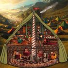 Text: Januar  
Eine Illustration eines gemütlichen Zeltes mit stilvoller Einrichtung in einer Landschaft mit vielen bunten Zelten.