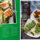 "Spinat-Börek", "Snack Peppers", Rezeptdetails auf grünem Hintergrund mit Bildern von Speisen und roten Paprika.