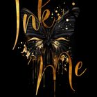 „Ink Me. Dein Körper wird mein sein. Livia Grey. Black Edition.“ Goldene Schrift, Schmetterlingsillustration.