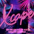 ALISA BEL, Xcape. "Wir sind eine Illusion, Alice. Kannst du entkommen?" Neonfarbenes Dschungelmotiv mit Palmen.