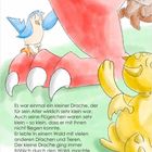 Text oben: "Der kleine Wutdrache". Illustration: Ein großer, roter Drachenfuß, Tiere lachen fröhlich drumherum.