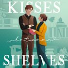 Text: "Ronja Sova, Kisses between Shelves". Illustration: Zwei Personen in einer Bücherei, freundliche Stimmung.