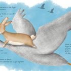 Text beschreibt ein Gespräch zwischen Oskar und Peter über das Fliegen. Darstellung eines Hasen, der auf einer Gans reitet.