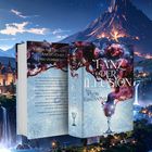 Covertext: "Tanz der Illusion: Der Preis der Erkenntnis". Zwei Fantasy-Bücher vor einer märchenhaften Landschaft mit Vulkan.