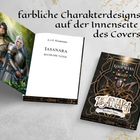 "Farbige Charakterdesigns auf der Innenseite des Covers." Zwei Elfen in Rüstungen, ein Buch mit dem Titel "IASANARA".