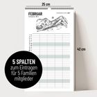 5 SPALTEN zum Eintragen für 5 Familienmitglieder. Kalenderseite Februar, Berge gezeichnet, Maße: 25x42 cm.