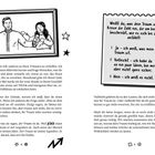 „Weißt du, was dein Traum ist?“, kreise die passende Zahl ein: 1 Ja, 2 Vielleicht, 3 Nein. Illustration eines Mannes und einer Frau mit Mikrofon. Texte über Traumerfüllung und Ermutigung. Sternsymbole.