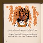 "ZULA" steht oben. Text: "A breeze rustled...worth noticing.” Illustration: Kind hinter Baumblättern versteckt.