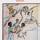"Was denkst du?" Oben "ZULA". Ein fröhliches Gemälde mit Menschen und Tieren auf Ästen, ein Sloth spielt eine Mundharmonika.