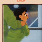Text: "ZULA" und "Next Stop: Planet Cloc". Illustration: Person in grünem Mantel schaut durch Fenster.