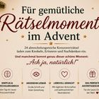 "Für gemütliche Rätselmomente im Advent" steht zentral. Weihnachtliche Deko mit Kugeln, Geschenken und Kerze darum.