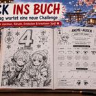 "BLICK INS BUCH! 4. Dezember" mit Anime-Zeichnungen, Anleitung zu Augen und winterlicher Deko. Adventlich-kreatives Thema.