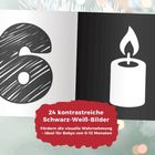 "24 kontrastreiche Schwarz-Weiß-Bilder. Fördern die visuelle Wahrnehmung – ideal für Babys von 0-12 Monaten." Große 6 und Kerze.