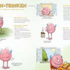 "Essen + Trinken: Durst, Hunger, Luft, Atmen, satt werden, Durst stillen. Warum braucht Ella das?"  
Illustration: Ein rosa Monster mit Obst und Getränken.