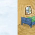 Links ein Gedicht über Emil Weihnachtswichtel. Rechts eine Illustration eines Zimmers mit Bett, Stuhl und Hase am Fenster.